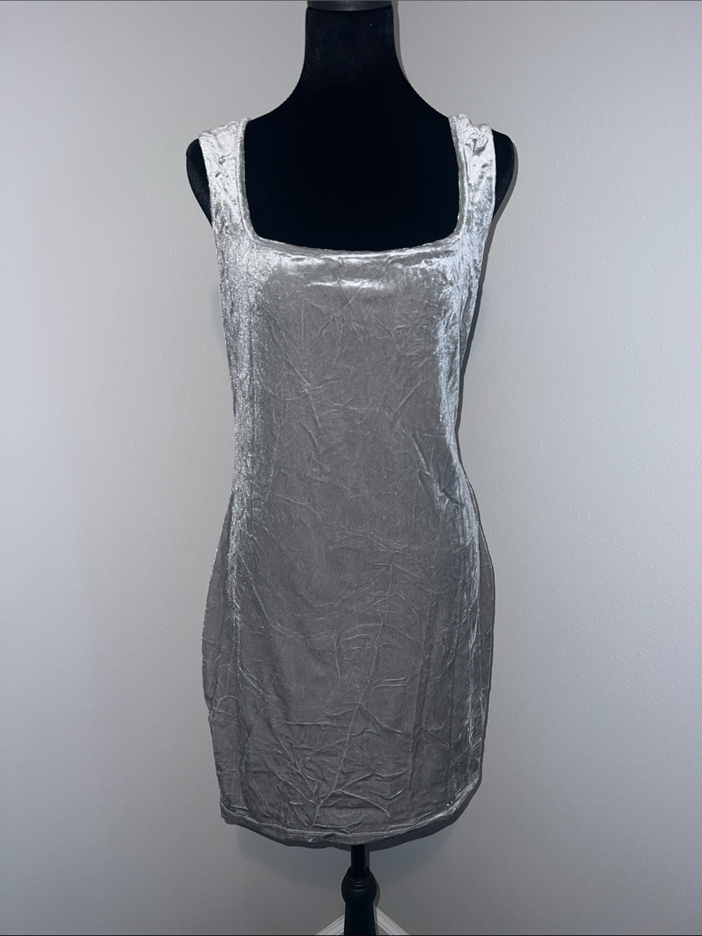 SHEIN Silver Crushed Velvet Square-Neck Mini Dress